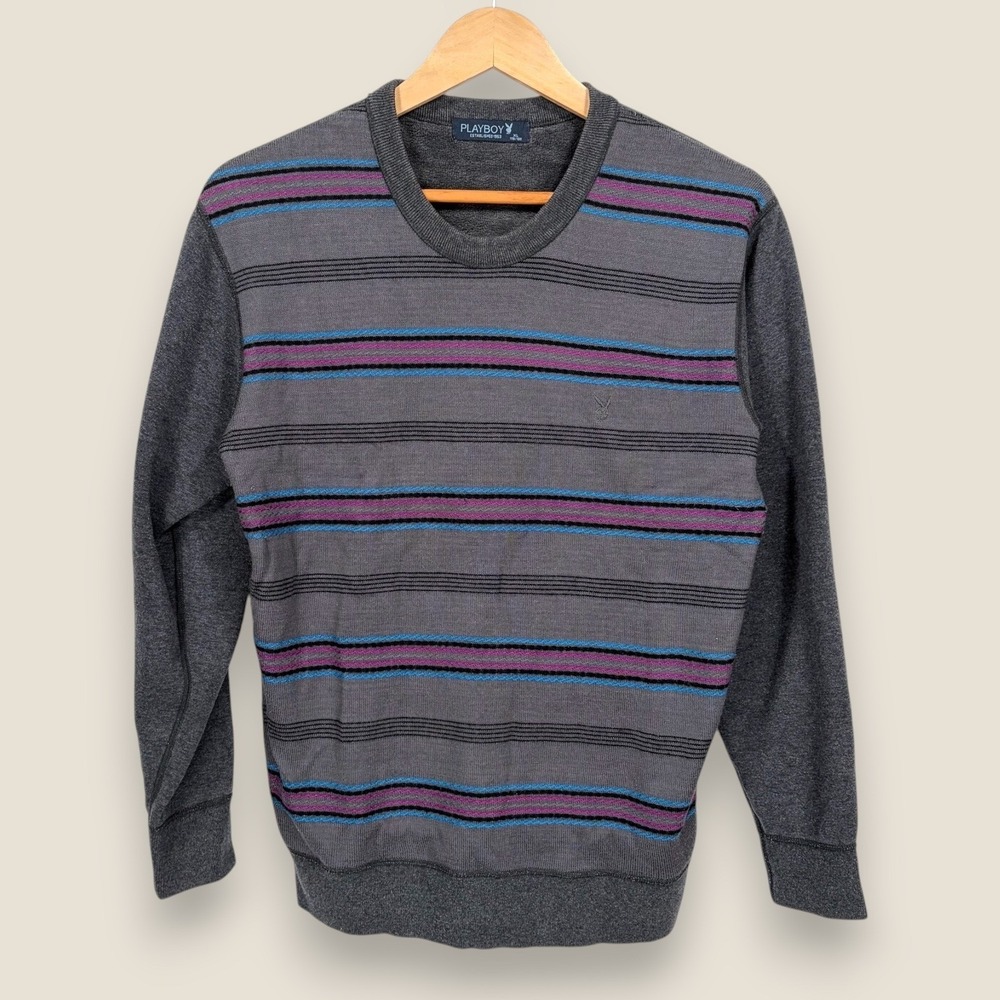 Playboy Striped Crewneck Sweater Sweatshirt Men XL Gray Purple Blue Casual Bunny